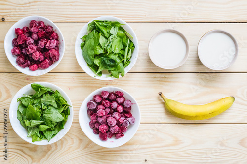 Ingredients for Smoothie (Spinach Leaves, Cherry, Banana, Almond Milk)