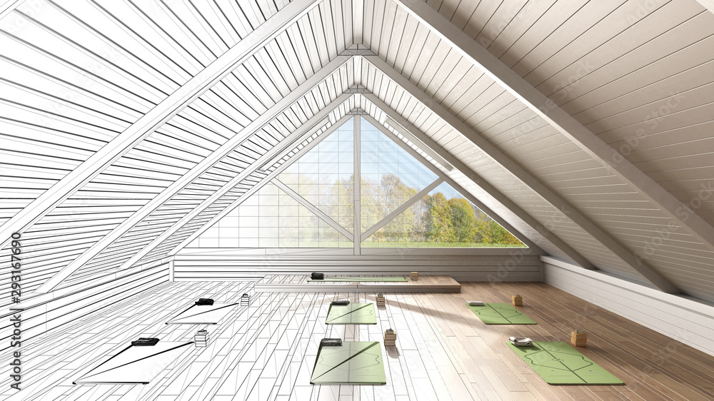 Architect interior designer concept: unfinished project that becomes real, empty yoga studio design, spatial organization with mats and accessories, panoramic window, concept idea Architect interior designer concept: unfinished project that becomes real, empty yoga studio design, spatial organization with mats and accessories, panoramic window, concept idea