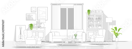 Interior design with modern living room in black line sketch on white background , vector , illustration