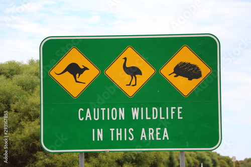 Traffic Sign in Australia Attention for Kangaroo, Emu and Echidna aculata photo