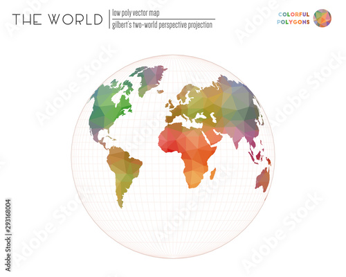 World map with vibrant triangles. Gilbert s two-world perspective projection of the world. Colorful colored polygons. Creative vector illustration.