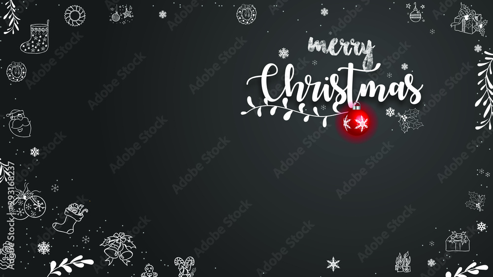 Christmas theme with white chalk doodles and red light ball on black background, inspired by flat lay style with transparency and gradient mesh.vector illustration