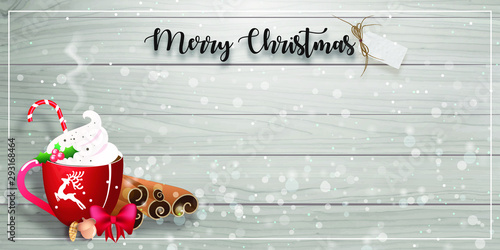 Merry Christmas with Hot drinks red cups on wood texture background with winter landscape with snowflakes, light, stars. Merry Christmas card and happiness. Vector Illustration