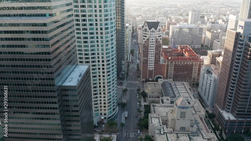 Aerial view on stunning Los Angeles Public Library building designed by Bertram Goodhue, surrounded with US Bank Tower, Biltmore Tower, and other tall skyscrapers