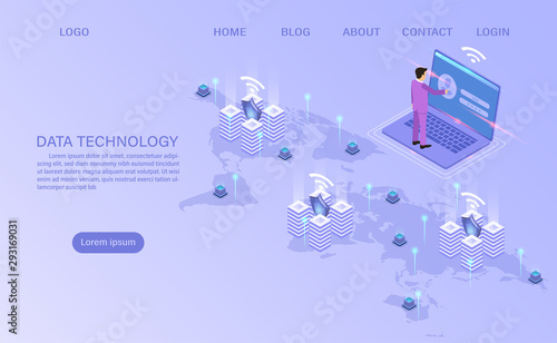 Online computing technology. Big data flow processing concept, 3d servers and datacenter. isometric flat design. Vector illustration. © Ton Forio