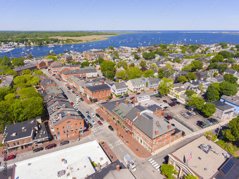 Newburyport historic downtown including State Street and Market Square with Merrimack River at the background aerial view, Newburyport, Massachusetts, MA, USA.