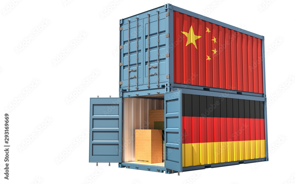 Fototapeta premium Two freight container with China and Germany flag. Isolated on white - 3D Rendering