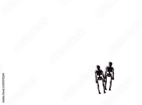 Halloween postcard. Тraditional festival of autumn. Decoration and party concept .Decor black skeleton on a white background.Flat lay, top view, copy space