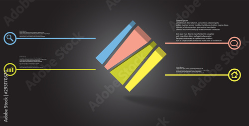 3D illustration infographic template with embossed cube askew arranged and vertically divided to four shifted parts