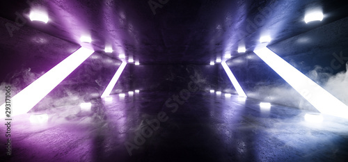 Fototapeta Naklejka Na Ścianę i Meble -  Smoke Dark Empty Sci Fi Futuristic Concrete Grunge Room Cylinder Tube Lights Glowing Purple Blue Reflections Garage Hall Underground Spaceship Tunnel Corridor 3D Rendering