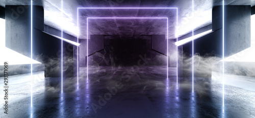 Smoke Smoke Neon Glowing Laser Blue Purple Lines Arch White Concrete Underground Garage Sci Fi Futuristic Hall Stage Podium Grunge Columns Dark Spaceship Tunnel Corridor 3D Rendering