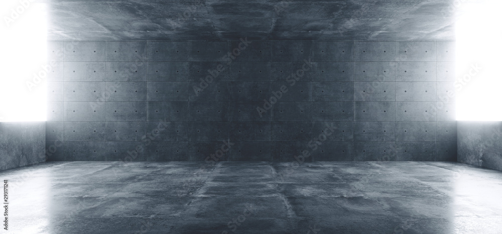 Fototapeta premium Beton Grunge Big Hall Tunnel Alien Corridor Pusty Futurystyczny Nowoczesny Biały Świecący Windows Scena Podium Przemysłowy Garaż Podziemny Renderowanie 3D