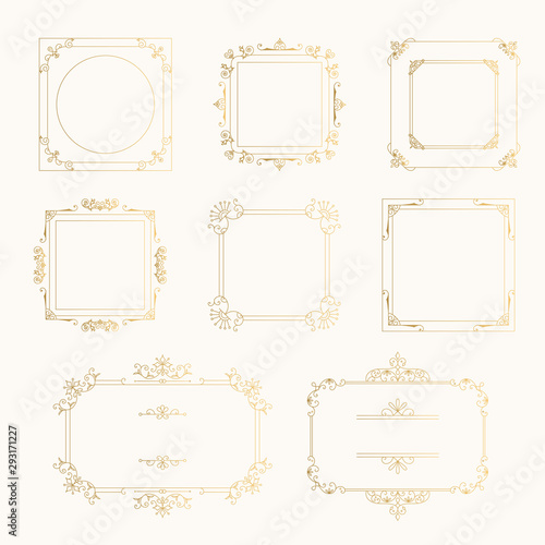 Set of retro borders with ornate golden elements. Vector isolated illustration.