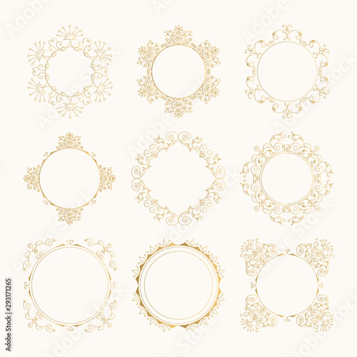 Set of vintage circle golden frames with flourish borders. Vector isolated illustration.