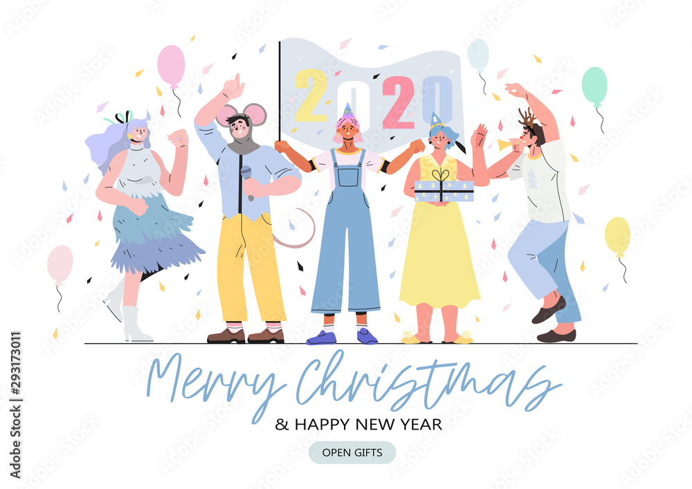 Fototapeta premium Merry Christmas and happy new year banner, flyer, landing page with people having fun and holding flag with 2020 numbers of the next year. Christmas party with baloons and gifts and smiling people.