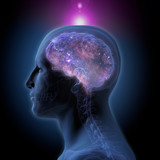 Profile of Enlightened Man with Star-filled Brain and Glowing Crown Chakra on Black Background