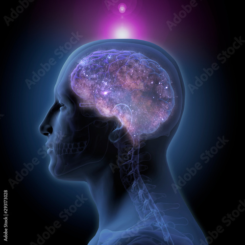 Принти на полотні Profile of Enlightened Man with Star-filled Brain and Glowing Crown Chakra on Bl