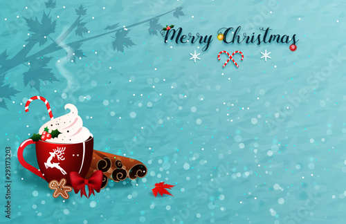 Merry Christmas with Hot drinks red cups on paper texture background with winter landscape with snowflakes, light, stars. Merry Christmas card and happiness. Vector Illustration