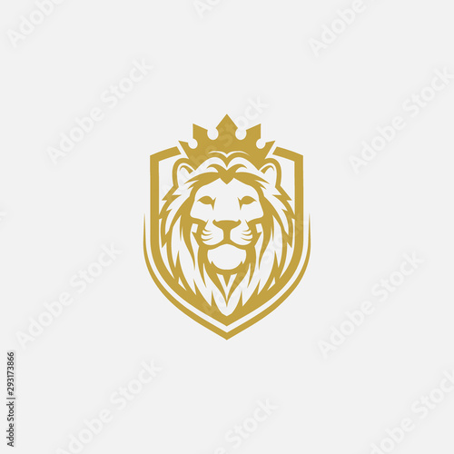 lion shield luxury logo icon, elegant lion shield logo design illustration, lion head with crown logo, lion shield symbol