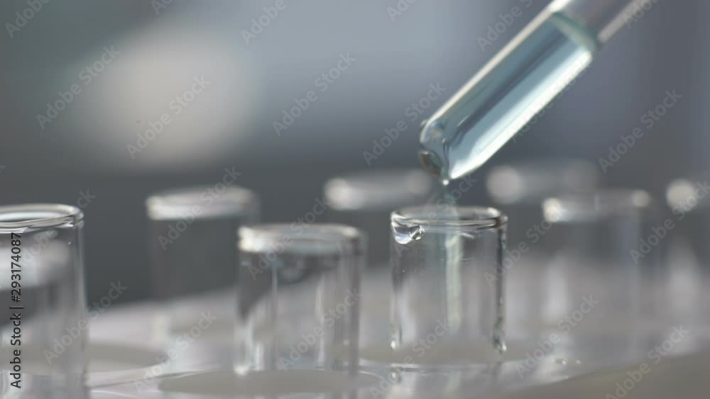 In a laboratory, a scientist with a pipette analyzes a colored liquid In a laboratory, a scientist with a pipette analyzes a colored liquid