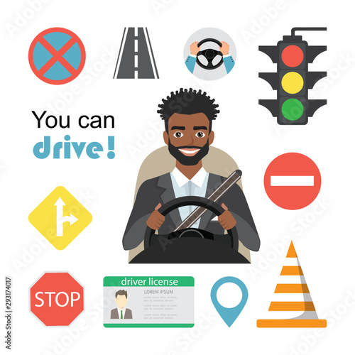 Set of road symbols and black african american man driver character