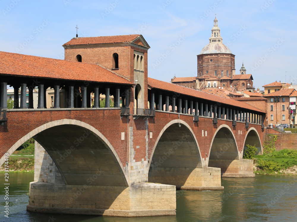 Ticino River and the old Covered Bridge in Pavia Town in Italy
