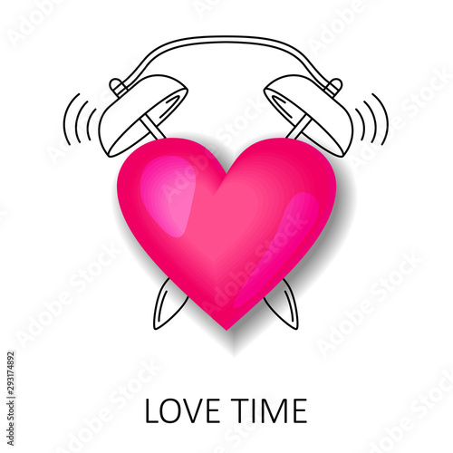 Love time. Realistic pink heart and painted alarm clock. Concept. Vector illustration