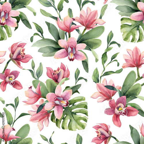 Seamless pattern of rose orchid flowers and leaves monstera isolated on white background.