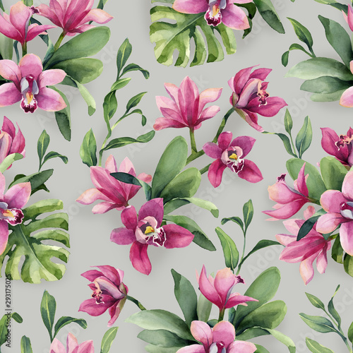 Seamless pattern of rose orchid flowers and leaves monstera on gray background.