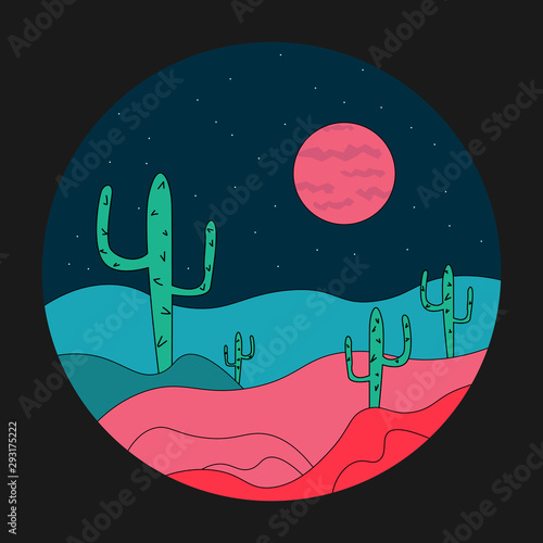 Flat design of western desert at night . vector illustration