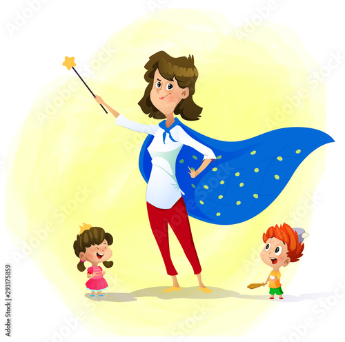 Mother and her children play wizards. Super mother