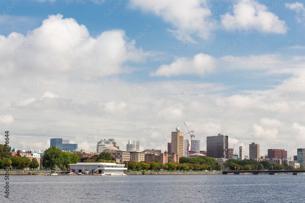 Boston skyline on a sunny day, viewed from south side of Charles River, horizontal aspect