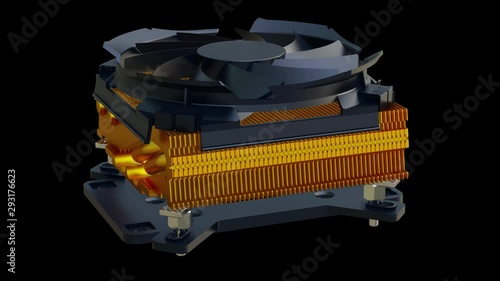 CPU fan with copper radiator. 3D rendering. Seamless loop 4k animation. Digital technology visualization of 3d.
