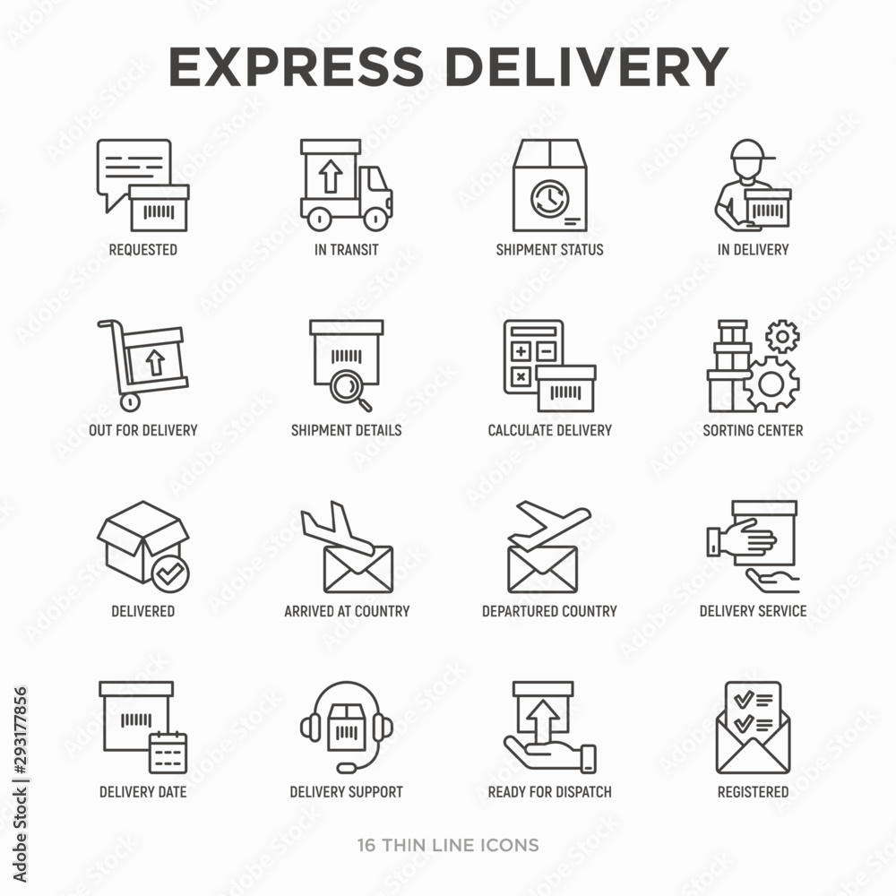 Express delivery thin line icons set: parcel, truck, out for delivery, searchong of shipment, courier, sorting center, dispatch, registered, delivered. Modern vector illustration. Express delivery thin line icons set: parcel, truck, out for delivery, searchong of shipment, courier, sorting center, dispatch, registered, delivered. Modern vector illustration.