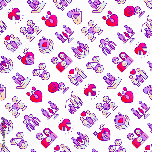 Child adoption seamless pattern with thin line icons: adoptive parents, helping hand, orphan, home care, LGBT couple with child, custody, cargivers, happy kid. Modern vector illustration.