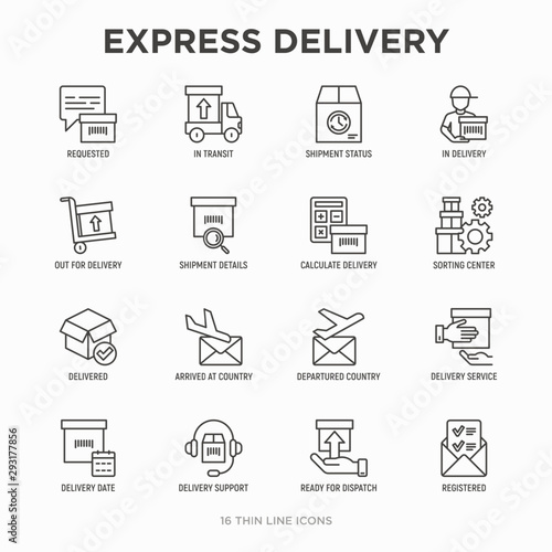 Express delivery thin line icons set: parcel, truck, out for delivery, searchong of shipment, courier, sorting center, dispatch, registered, delivered. Modern vector illustration.