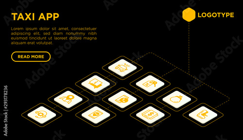 Taxi app web page template with thin line isometric icons: payment method, promocode, app settings, info, support service, pointer, route, destination, airport transfer, baby seat. Vector illustration