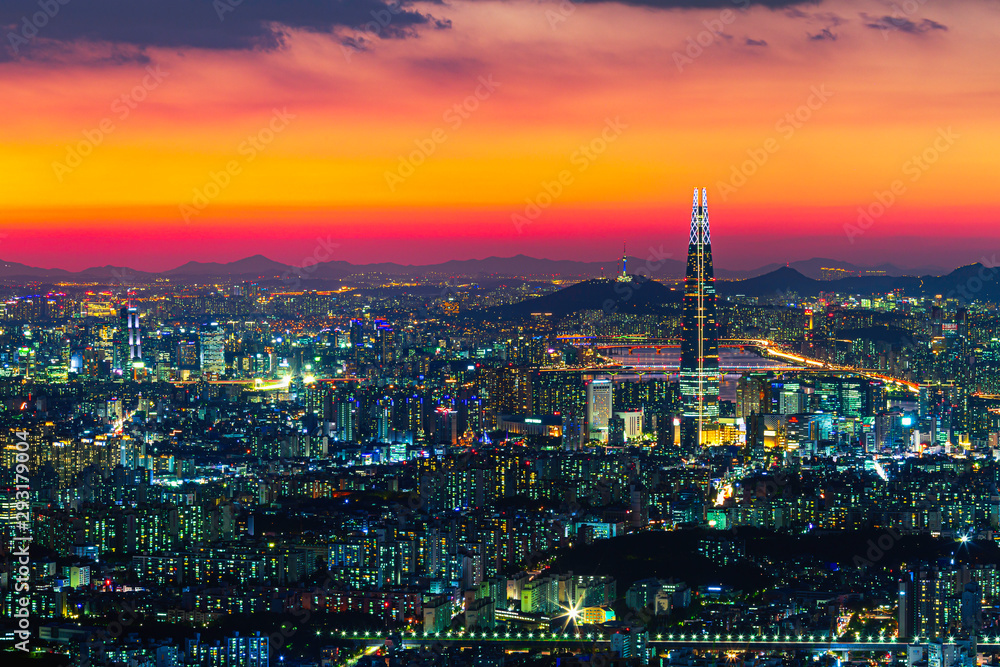 Seoul,South Korea-September 24,2019:Night cityscape of Seoul downtown ,Hangang river;Seoul tower,and Lotte tower best landmark in Seoul,South Korea Viewpoint from Namhansanseong mountain