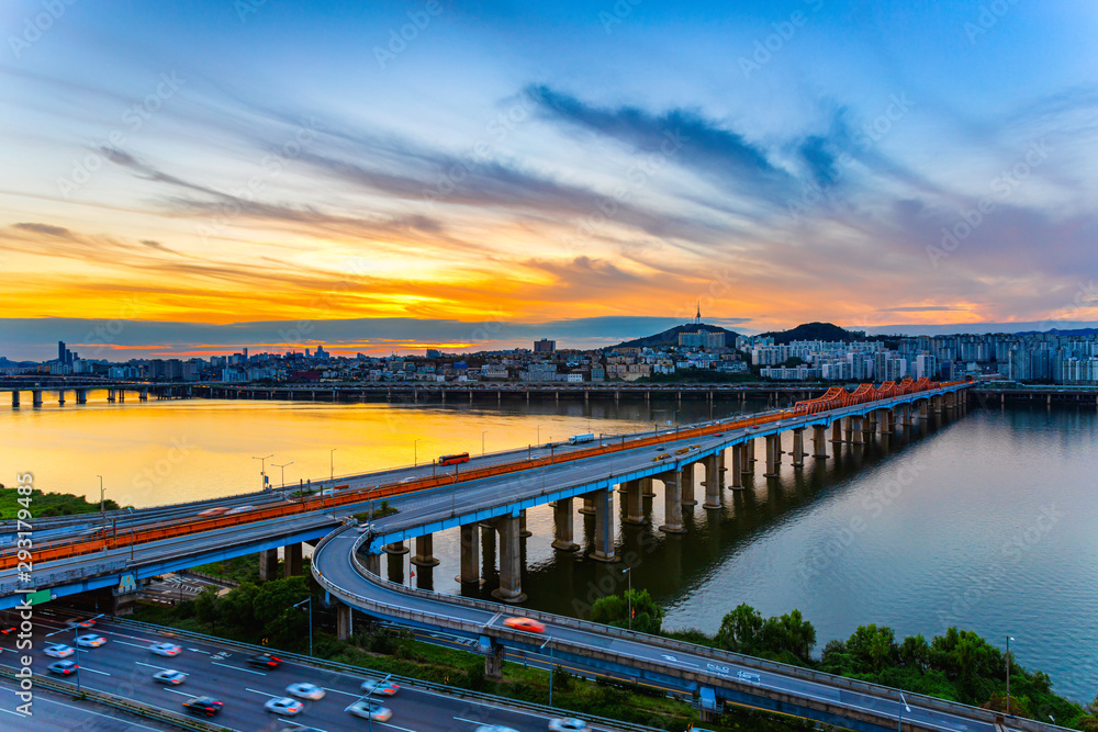 Sunset of Seoul downtown , Seoul tower and Hangang river best view landmark in Seoul,South Korea