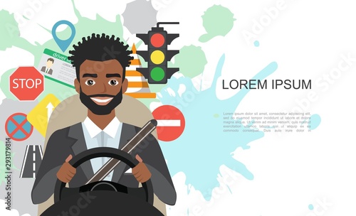 Banners illustration of road symbols and black african american man driver character