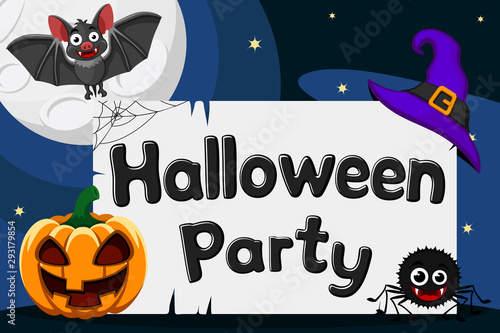 Halloween party background. Pumpkin, bat and spider at night by light of the moon.