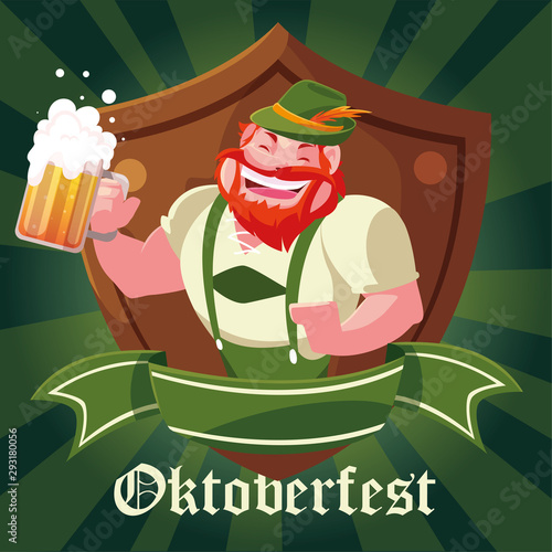 man with german traditional dress and label oktoberfest