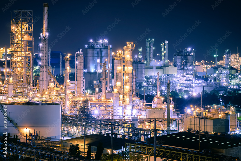 Glitter lighting of fossil fuel refinery and petrochemical industrial plant with night, Petroleum industry estate