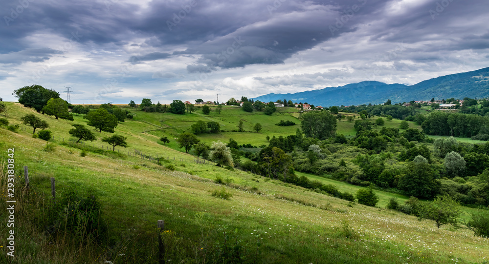 Fototapeta premium View of the mountain landscape,green pastures, trees, forests on the slopes of hills and farmhouses with a cloudy sky in the background.Brens,Haute-Savoie in France.