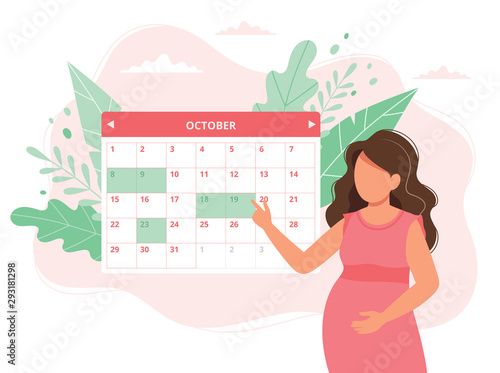 Appointment medical pregnancy. Pregnant woman scheduling an appointment on calendar. Vector illustration in flat style