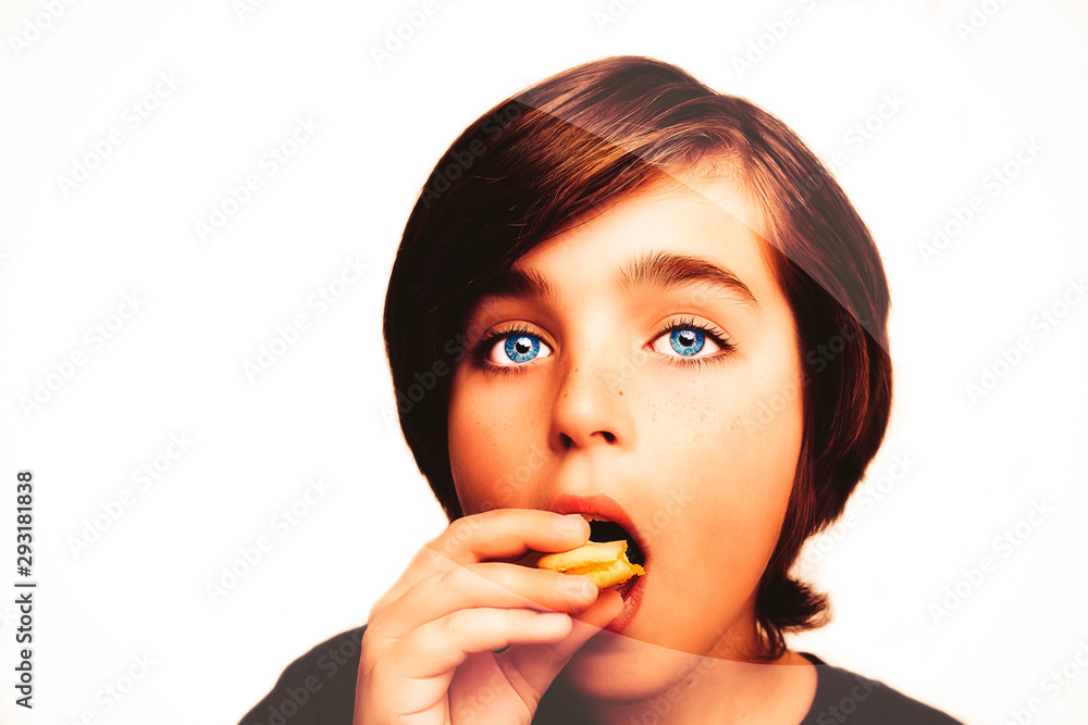 Handsome boy holds in his hands macaroni over white background. Handsome boy holds in his hands macaroni over white background.