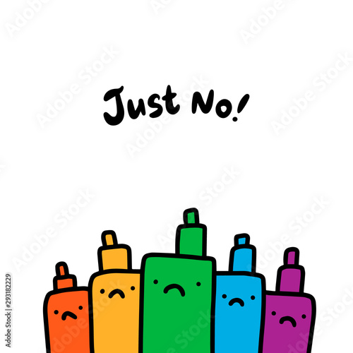 Just no set of rainbow colored vapes sad in cartoon style. Health protection smoking poster