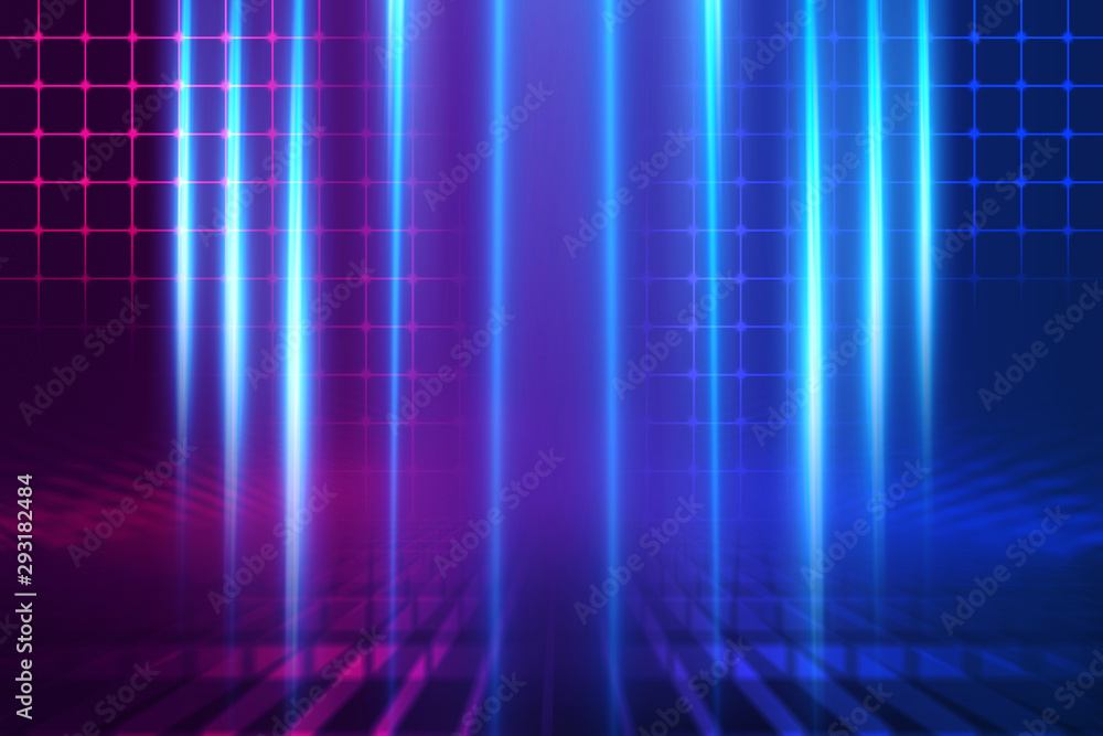 Empty background scene. Dark street reflection on wet asphalt. Rays of neon light in the dark, neon shapes, smoke. Background of an empty stage show. Abstract dark background. Empty background scene. Dark street reflection on wet asphalt. Rays of neon light in the dark, neon shapes, smoke. Background of an empty stage show. Abstract dark background.