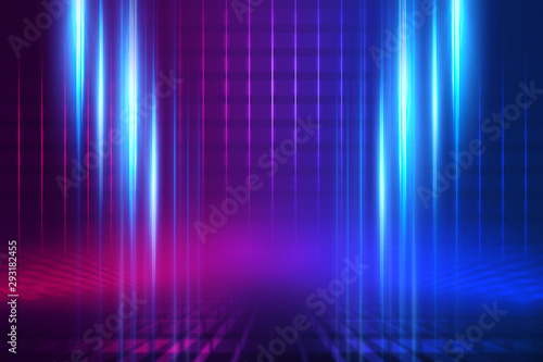 Empty background scene. Dark street reflection on wet asphalt. Rays of neon light in the dark, neon shapes, smoke. Background of an empty stage show. Abstract dark background.