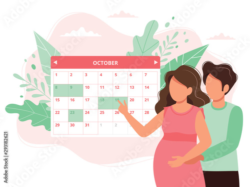 Appointment medical pregnancy. Couple scheduling an appointment on calendar. Vector illustration in flat style
